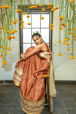 Cream Silk Blouse & Red Tribal Print Lehenga