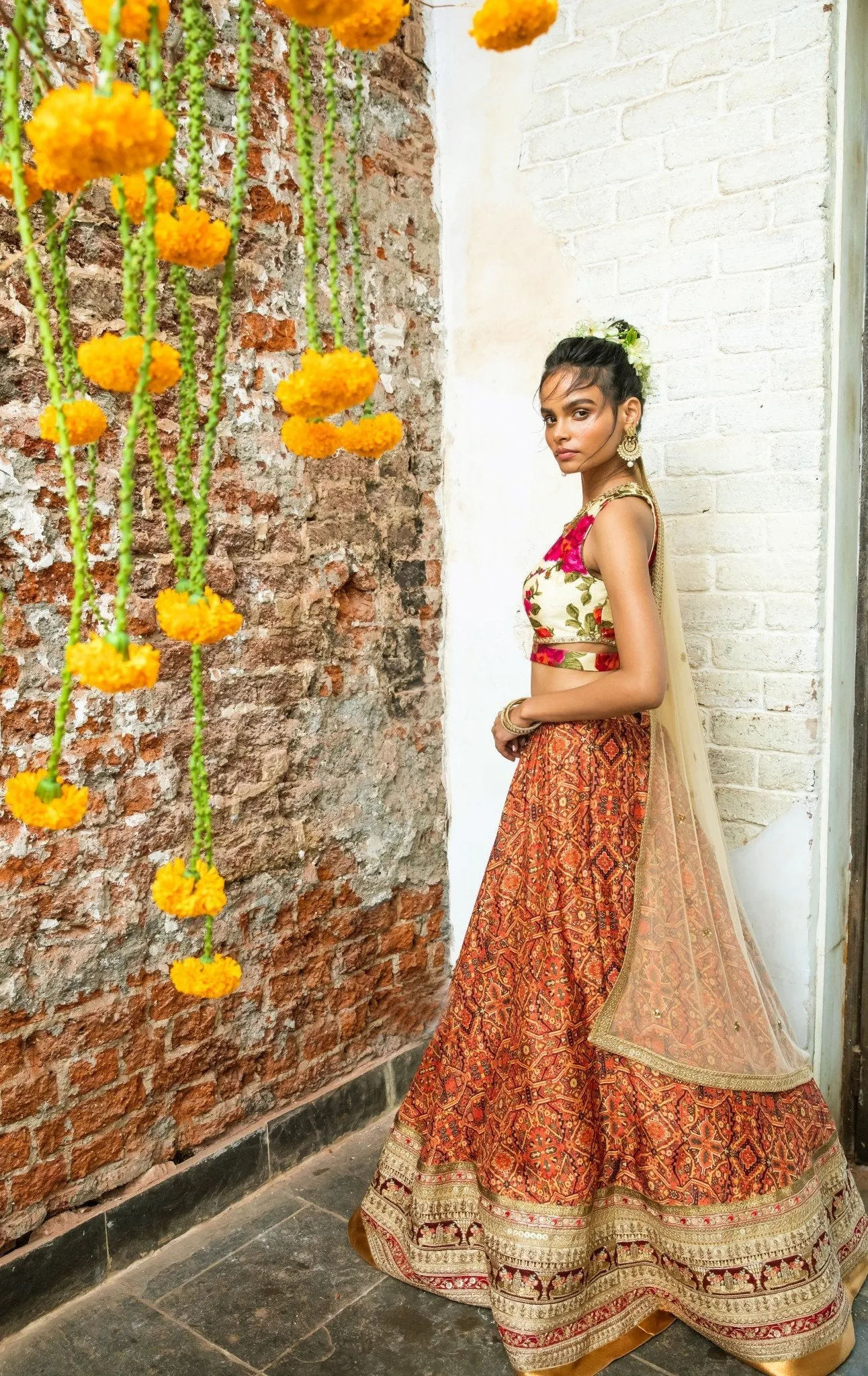 Cream Silk Blouse & Red Tribal Print Lehenga