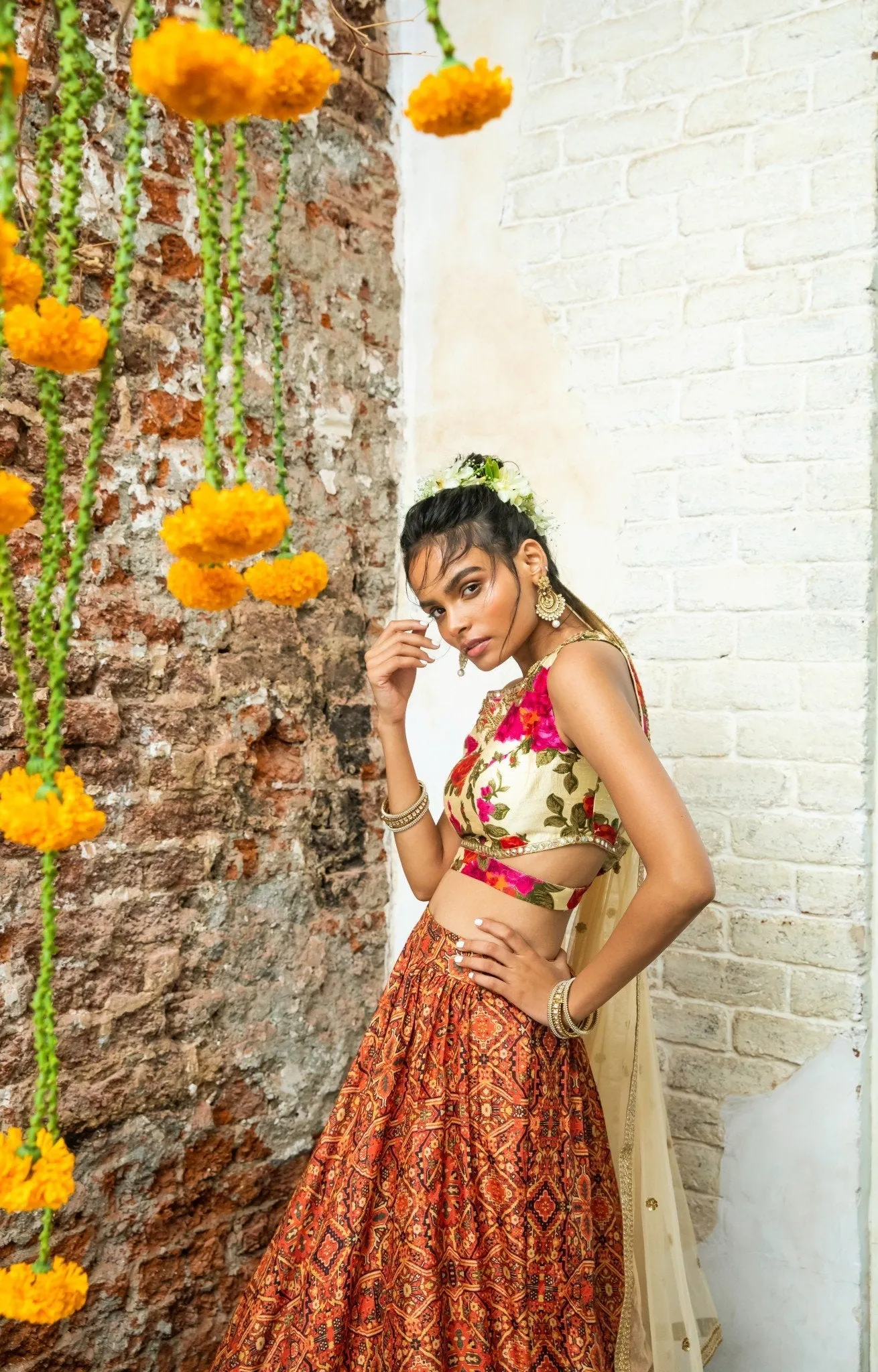 Cream Silk Blouse & Red Tribal Print Lehenga