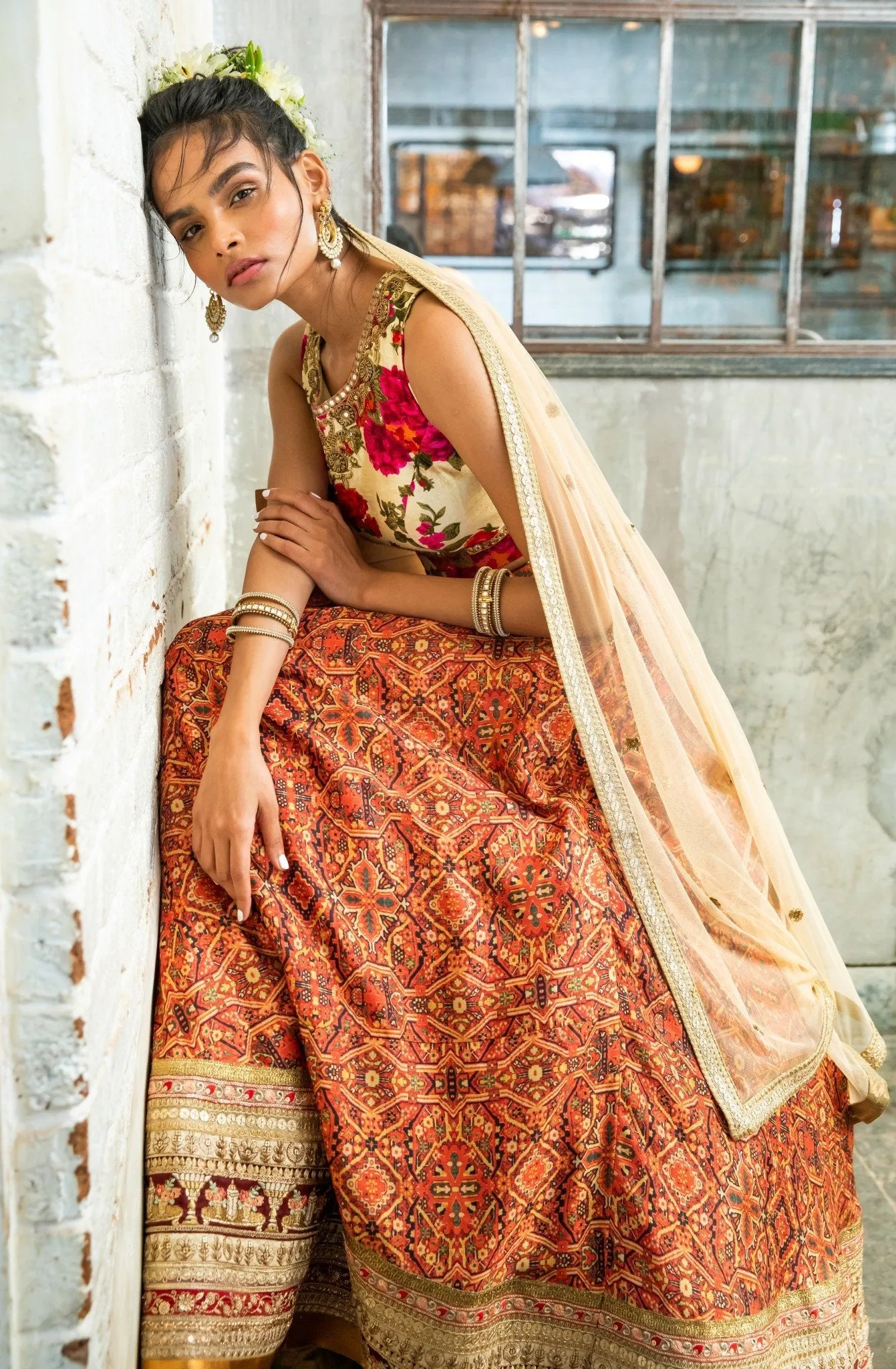 Cream Silk Blouse & Red Tribal Print Lehenga