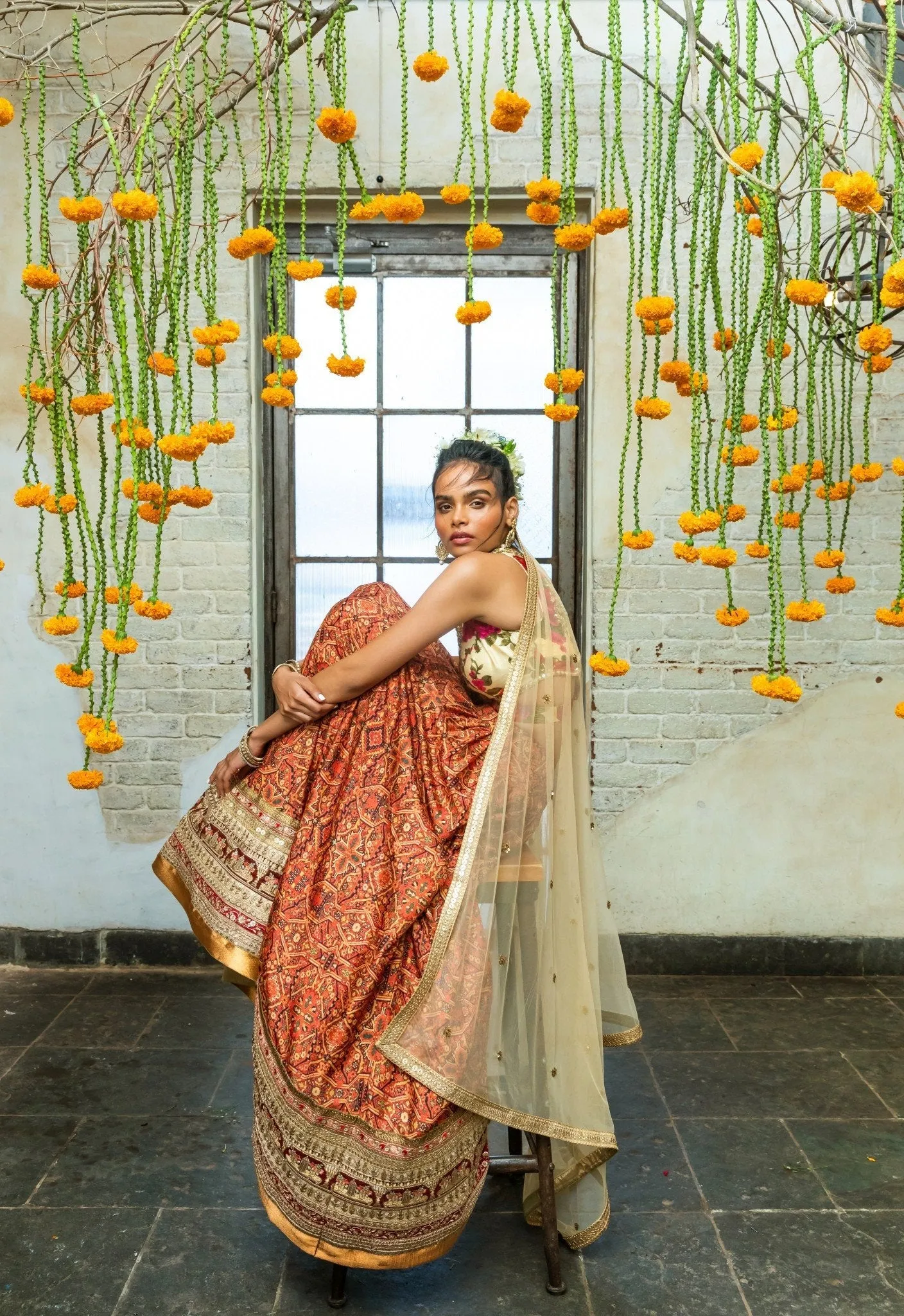 Cream Silk Blouse & Red Tribal Print Lehenga