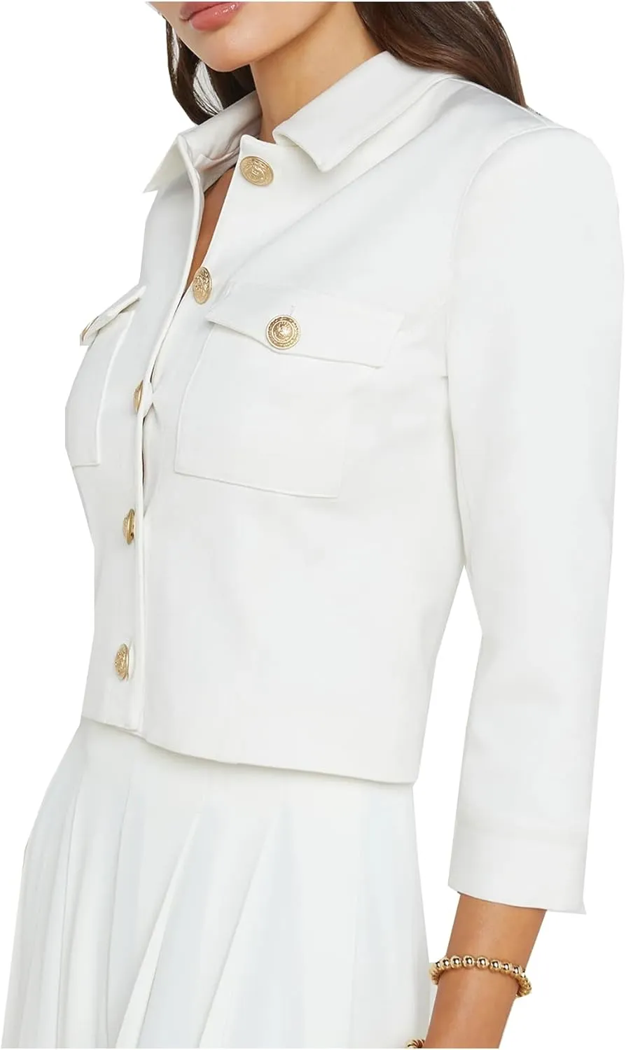 Cropped Summer Jacket for Women 3/4 Sleeve Open Front Casual Jacket Lightweight Button Down Outerwear with Pockets