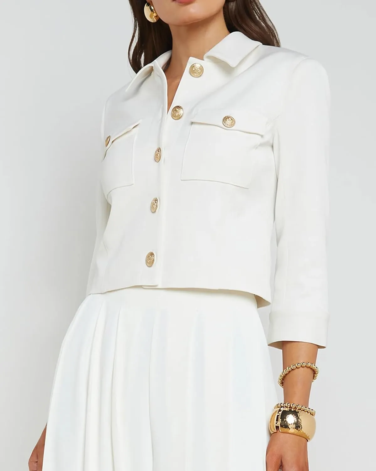Cropped Summer Jacket for Women 3/4 Sleeve Open Front Casual Jacket Lightweight Button Down Outerwear with Pockets