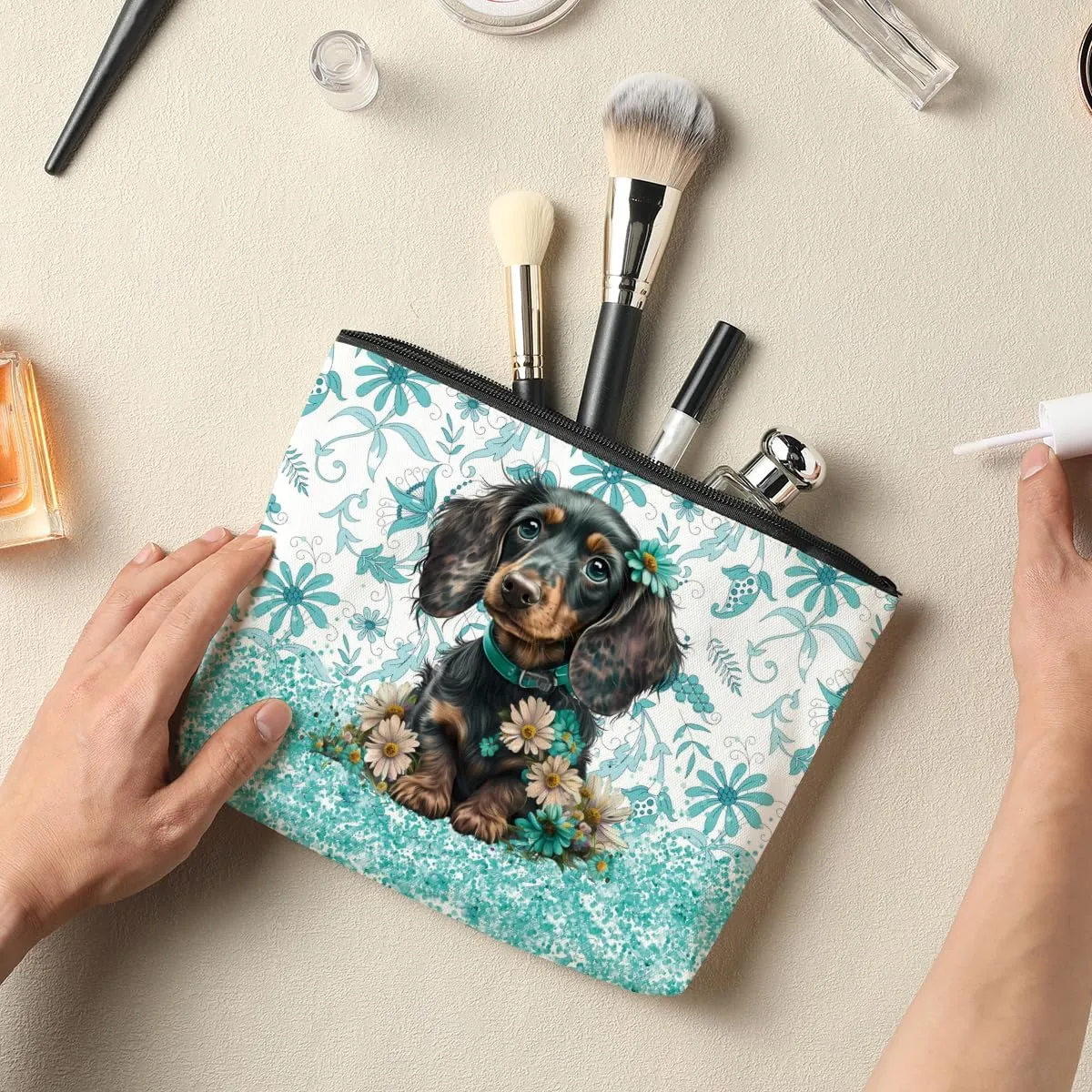 Dachshund Cosmetic Bag - Floral Makeup Bag for Dog Mom Gifts, Perfect for Mothers Day, Graduation, or Birthday