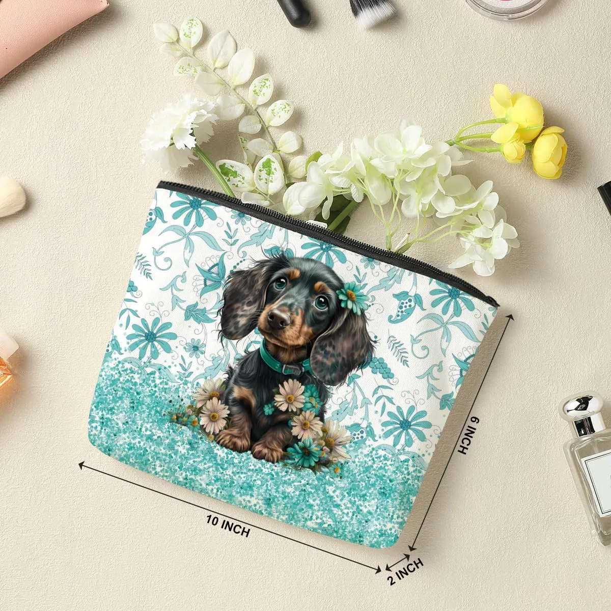 Dachshund Cosmetic Bag - Floral Makeup Bag for Dog Mom Gifts, Perfect for Mothers Day, Graduation, or Birthday
