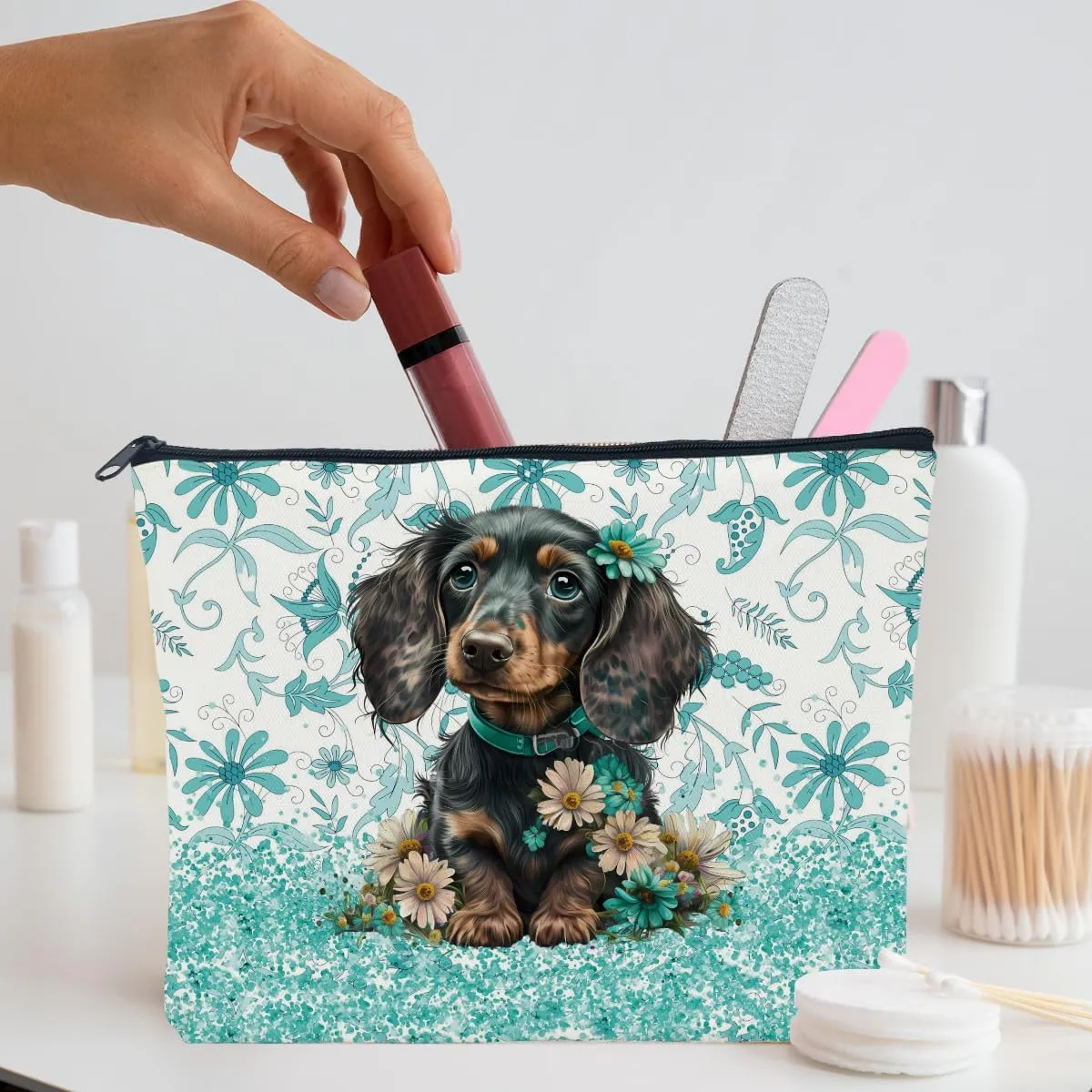 Dachshund Cosmetic Bag - Floral Makeup Bag for Dog Mom Gifts, Perfect for Mothers Day, Graduation, or Birthday