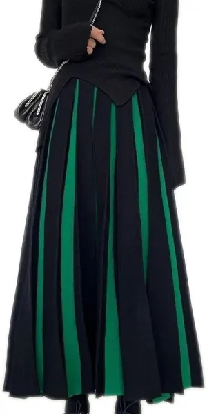 Dawery Patchwork Knitted Long Skirt Women Spring High Waist Pleated Skirt Woman Striped Mixed Color Midi Skirts
