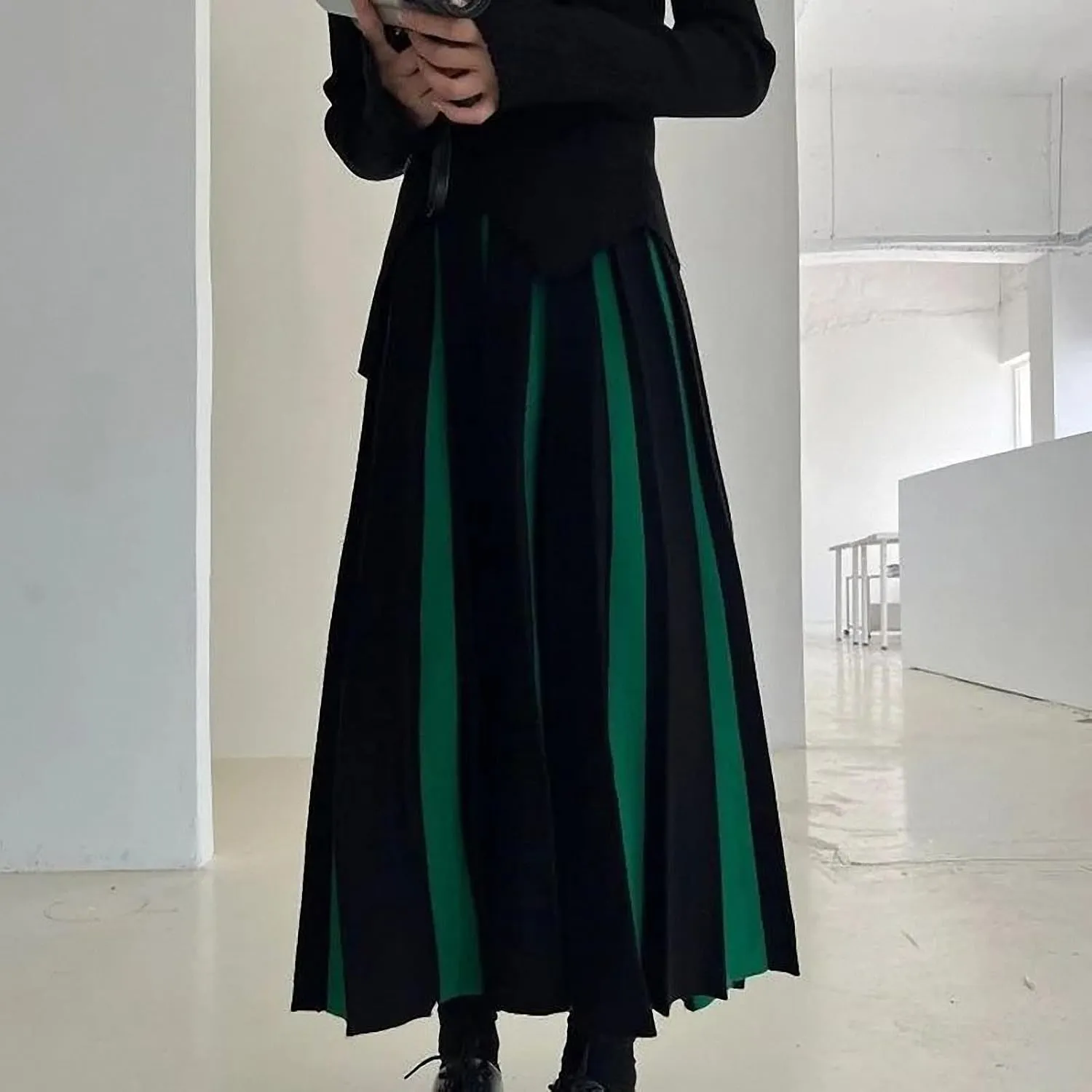 Dawery Patchwork Knitted Long Skirt Women Spring High Waist Pleated Skirt Woman Striped Mixed Color Midi Skirts