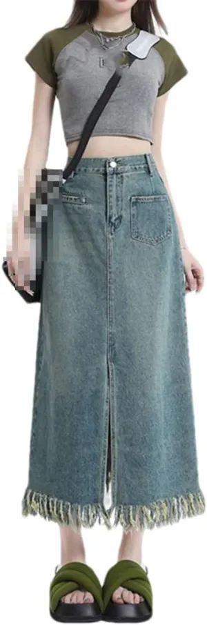 Denim Skirts for Women Spring Vintage Split Tassel Midi Skirt Casual High Waisted Loose Y2k Skirt