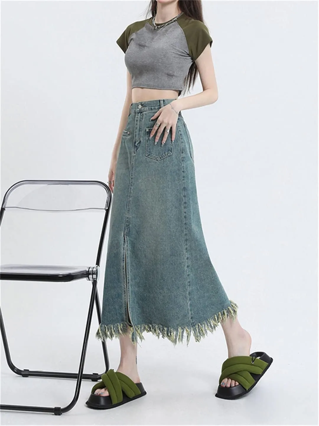 Denim Skirts for Women Spring Vintage Split Tassel Midi Skirt Casual High Waisted Loose Y2k Skirt