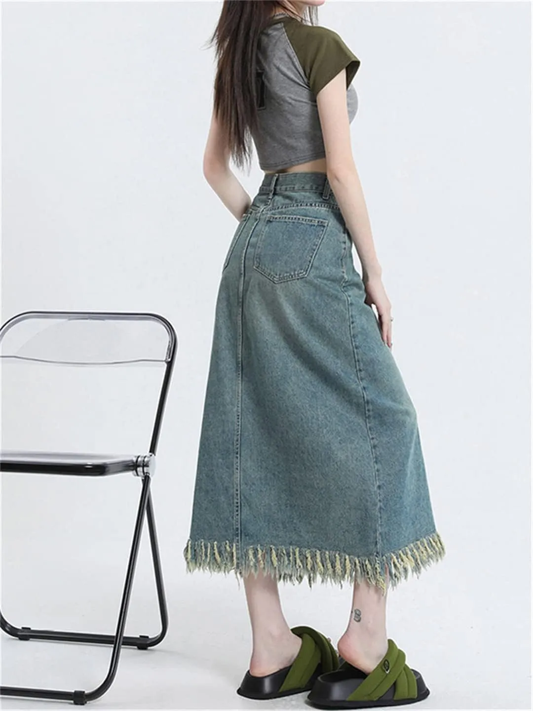 Denim Skirts for Women Spring Vintage Split Tassel Midi Skirt Casual High Waisted Loose Y2k Skirt