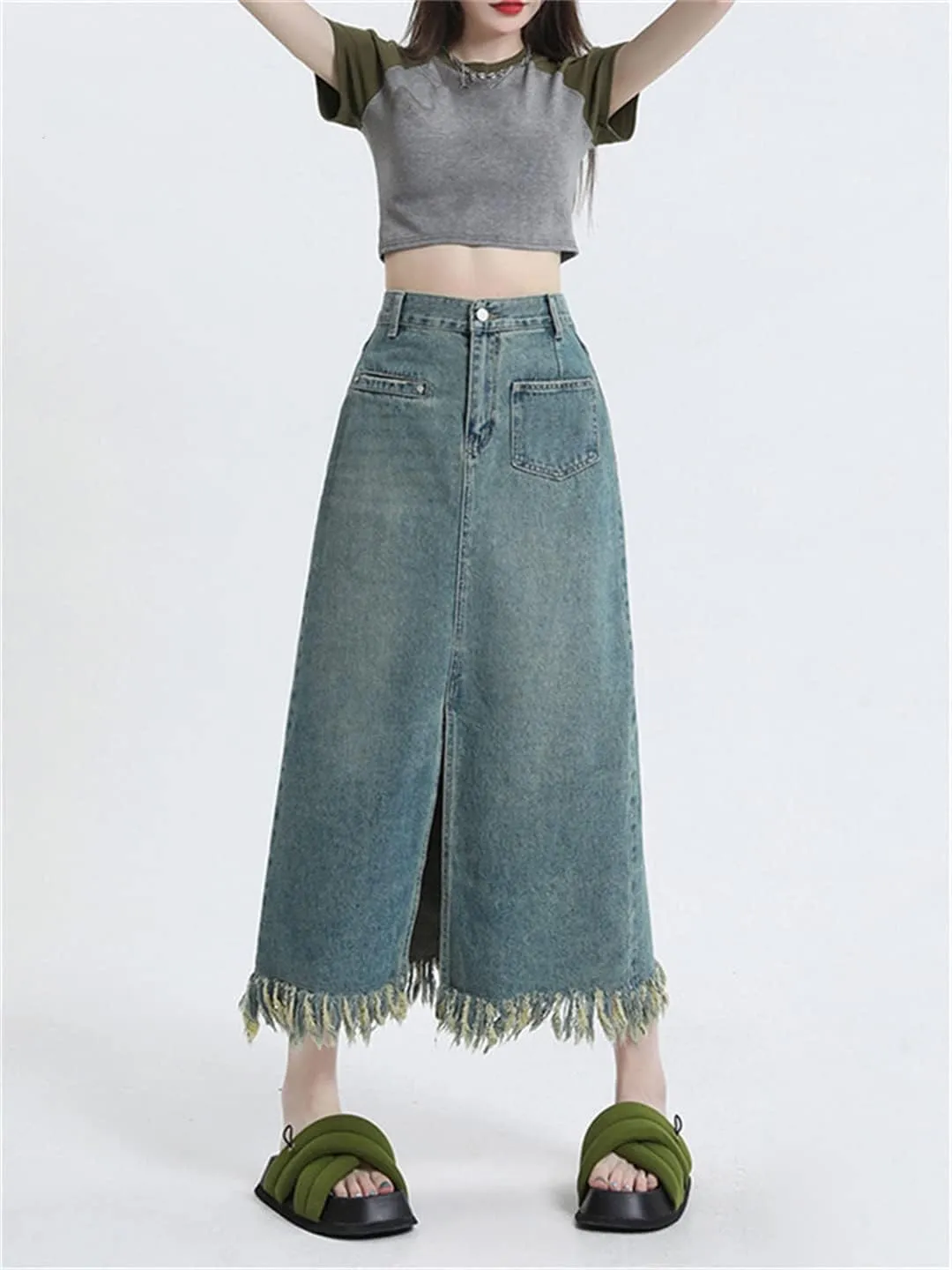 Denim Skirts for Women Spring Vintage Split Tassel Midi Skirt Casual High Waisted Loose Y2k Skirt