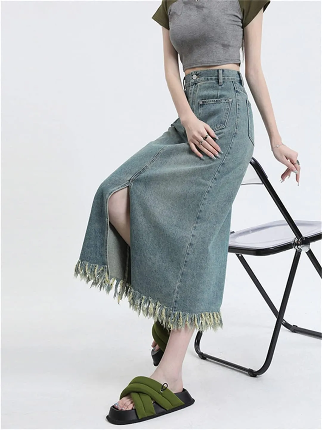 Denim Skirts for Women Spring Vintage Split Tassel Midi Skirt Casual High Waisted Loose Y2k Skirt