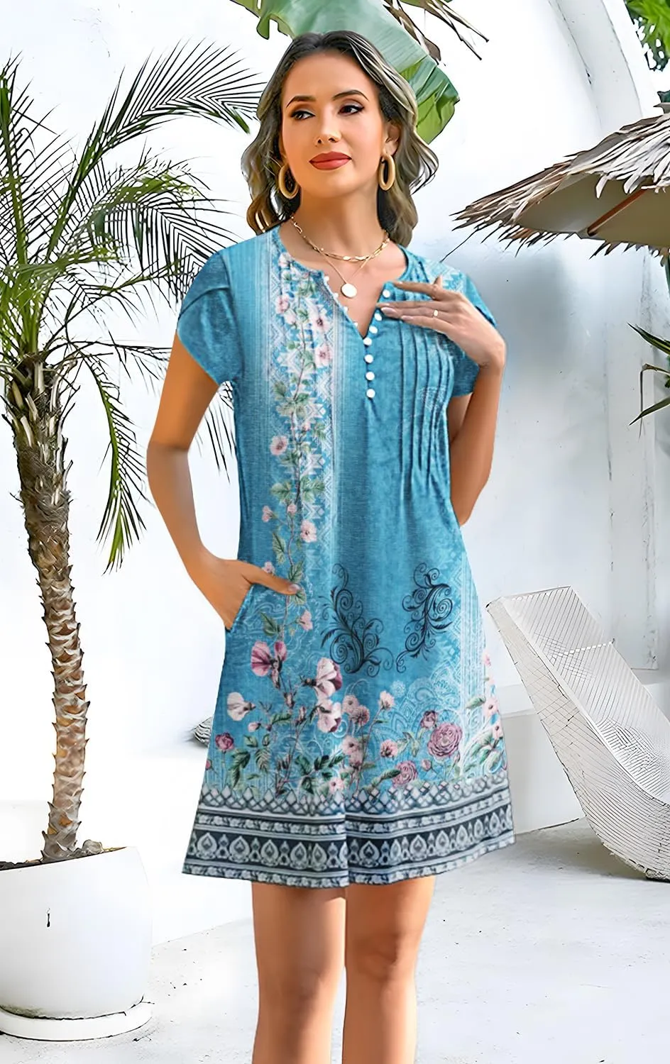 Disamer Womens Casual Dresses Short Sleeve Summer Dresses 2025 Boho Floral Beach Sundresses Spring A-Line Dress with Pockets