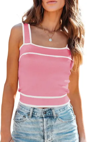 Dokotoo Women's Square Neck Knit Crop Tank Tops 2025 Slim Fit Y2K Color Block Sleeveless Cami Shirts