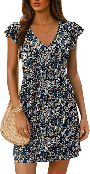 Dokotoo Women's Summer Dresses 2025 Boho Floral Beach Casual Deep V Neck Sundress Ruffle Sleeve Flowy Mini Dress