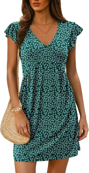 Dokotoo Women's Summer Dresses 2025 Boho Floral Beach Casual Deep V Neck Sundress Ruffle Sleeve Flowy Mini Dress