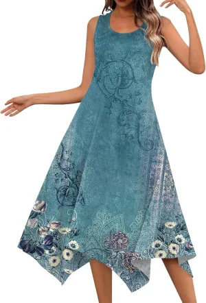 DOPOCQ Summer Dresses for Women 2024 Elegant Print Swing Hem Tank Midi Dresses Casual Plus Size Sleeveless Crewneck Sundress