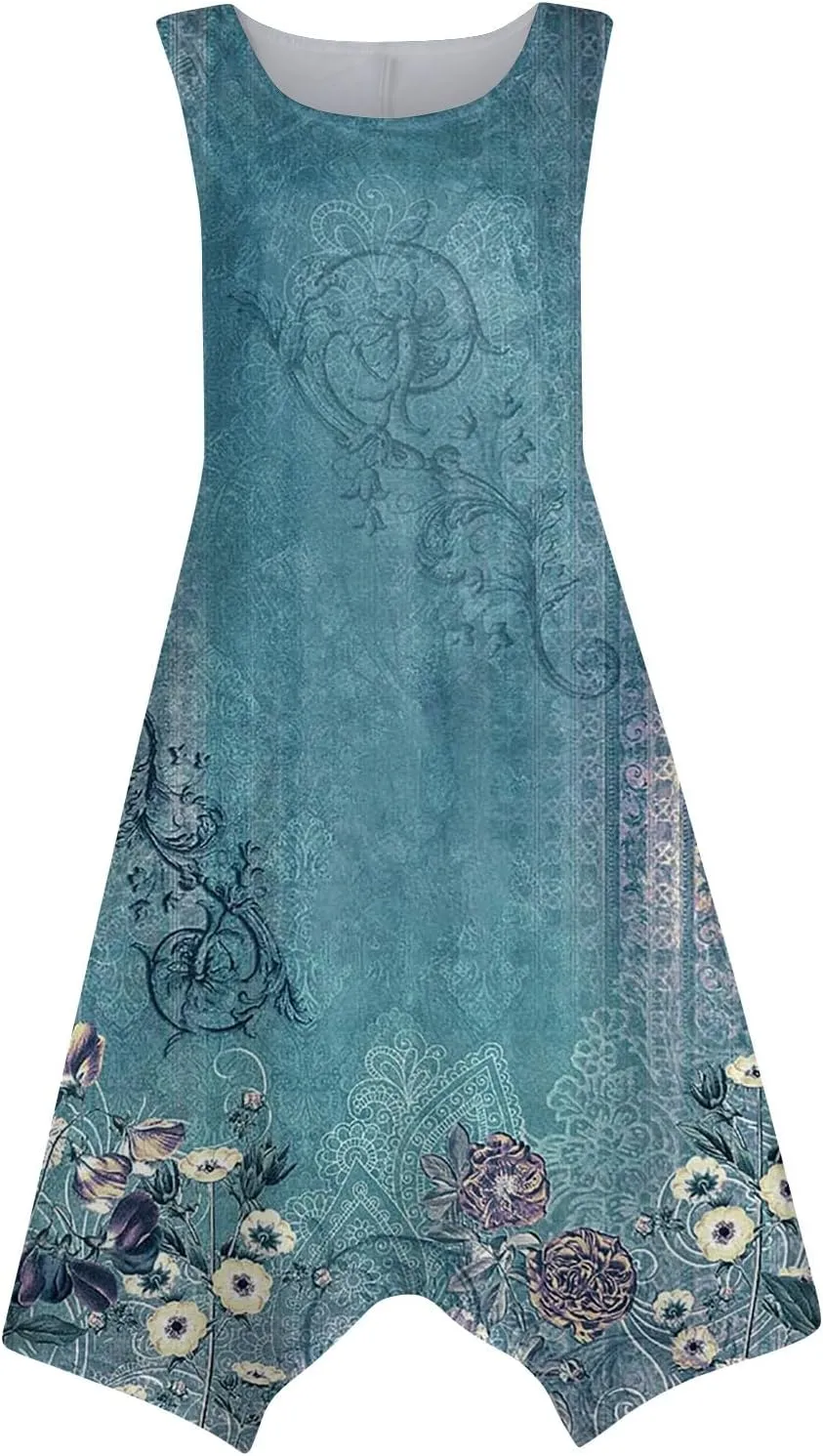 DOPOCQ Summer Dresses for Women 2024 Elegant Print Swing Hem Tank Midi Dresses Casual Plus Size Sleeveless Crewneck Sundress