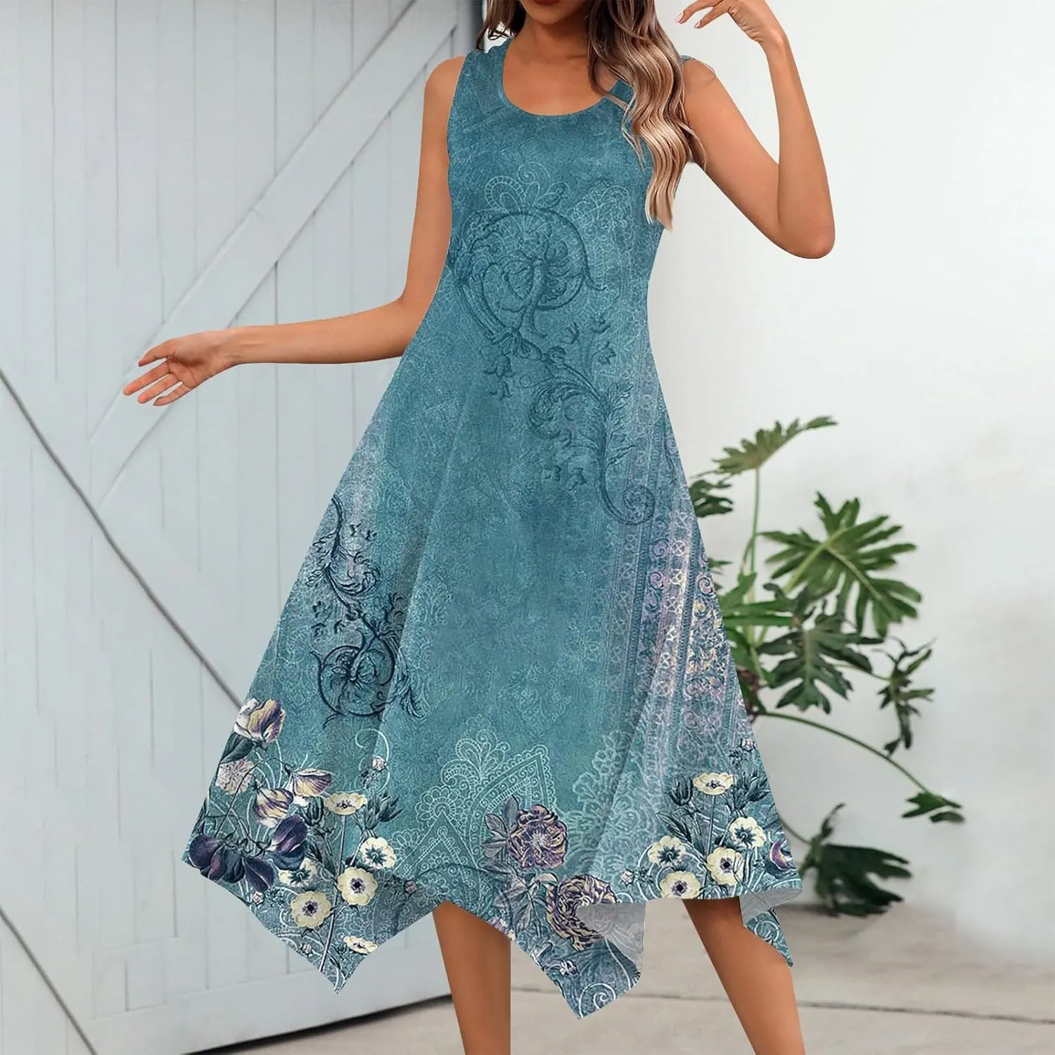 DOPOCQ Summer Dresses for Women 2024 Elegant Print Swing Hem Tank Midi Dresses Casual Plus Size Sleeveless Crewneck Sundress