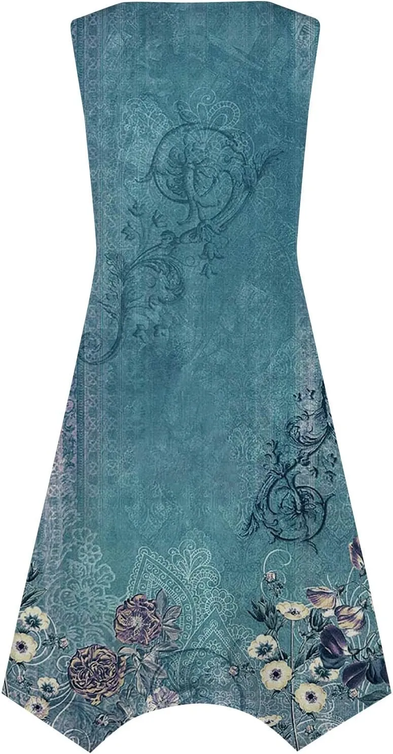 DOPOCQ Summer Dresses for Women 2024 Elegant Print Swing Hem Tank Midi Dresses Casual Plus Size Sleeveless Crewneck Sundress