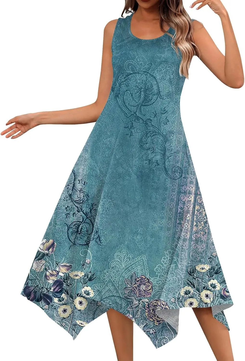 DOPOCQ Summer Dresses for Women 2024 Elegant Print Swing Hem Tank Midi Dresses Casual Plus Size Sleeveless Crewneck Sundress