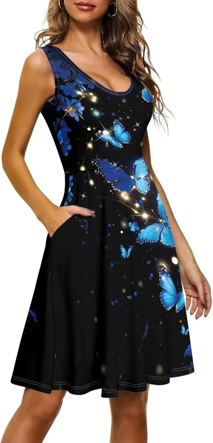Dreaweet Casual Sleeveless Dresses for Women Girls, Round Neck Tank Dresses with Pockets Summer Sundress Size XS-4XL