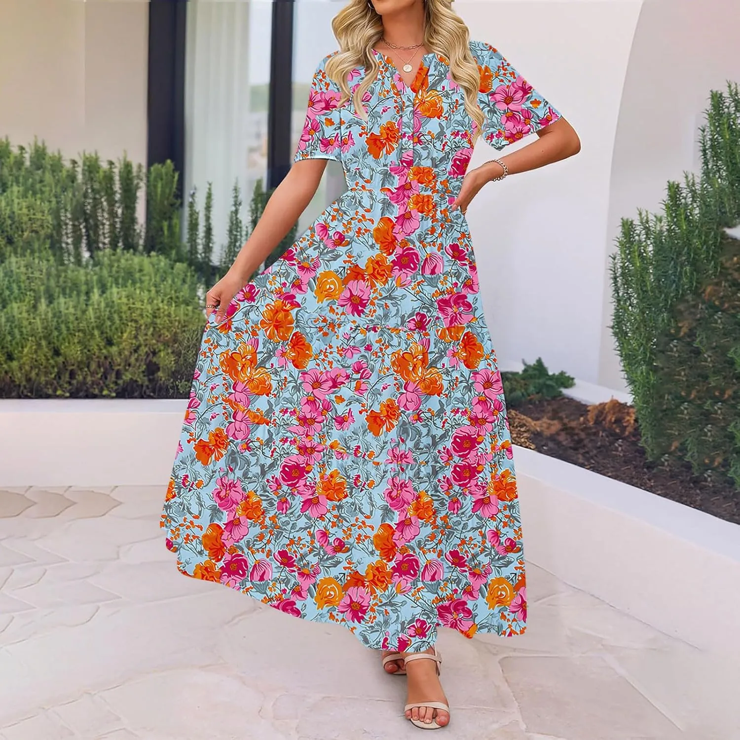 Dresses for Women 2025 Floral V Neck Maxi Dresses Casual Short Sleeve a Line Dress Casual Boho Beach Summer Dress