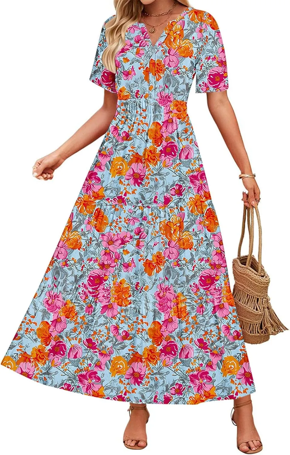 Dresses for Women 2025 Floral V Neck Maxi Dresses Casual Short Sleeve a Line Dress Casual Boho Beach Summer Dress