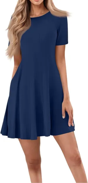 Dresses with Pockets, Summer Short Sleeve Dress for Women Mini A Line Crewneck Casual Beach Dresses with Pockets