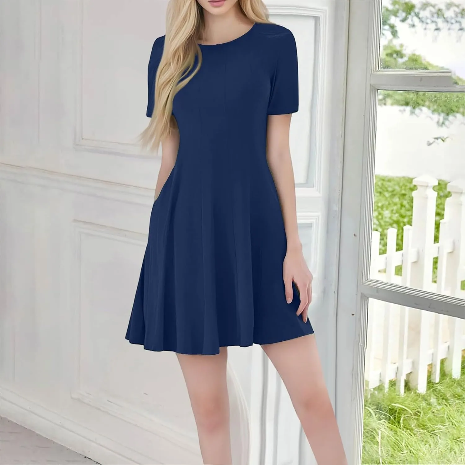 Dresses with Pockets, Summer Short Sleeve Dress for Women Mini A Line Crewneck Casual Beach Dresses with Pockets