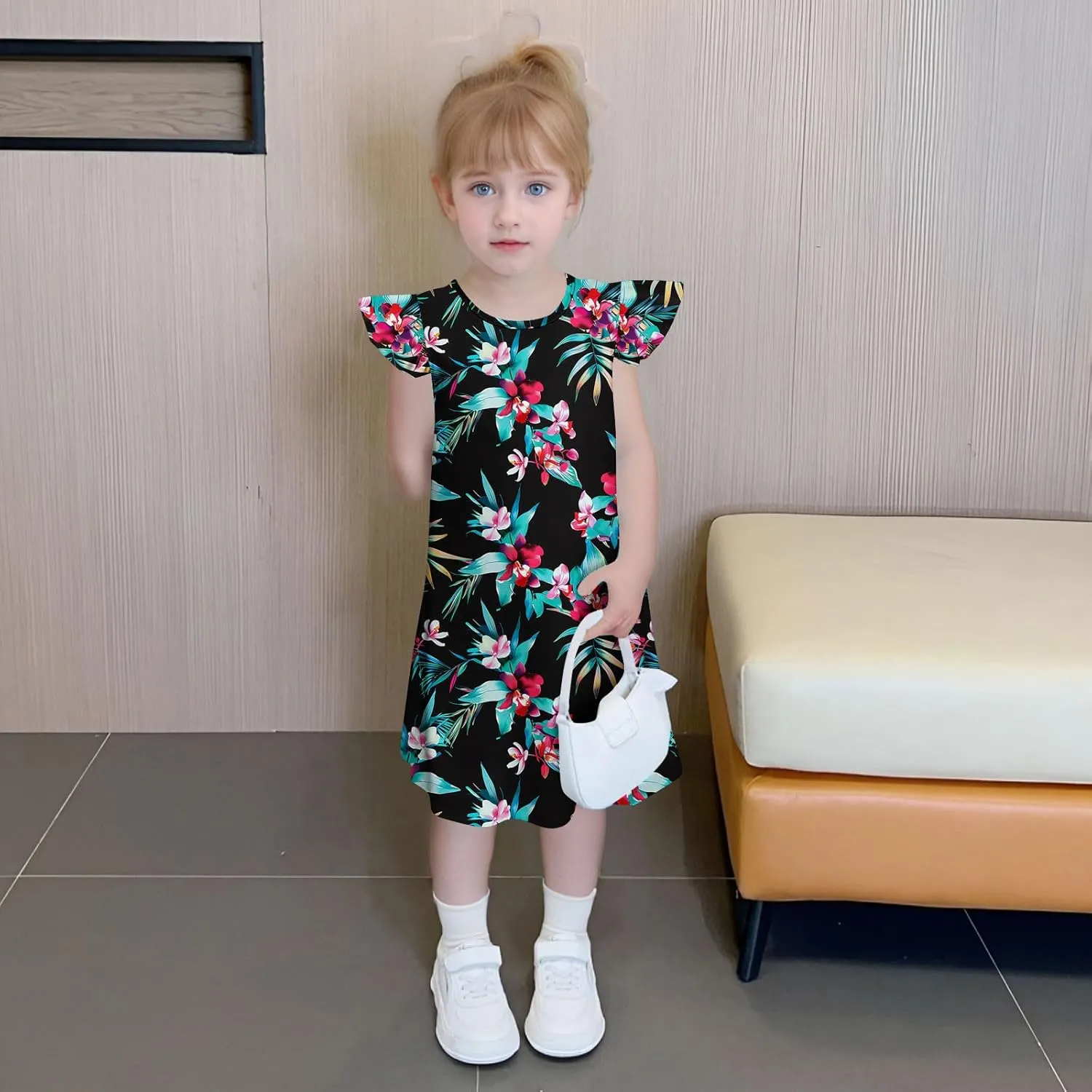 Easter Dresses for Girls Cute Hawaiian Ruffle Sleeve Crewneck Floral Mini Dress Casual Loose Girls Summer Dress
