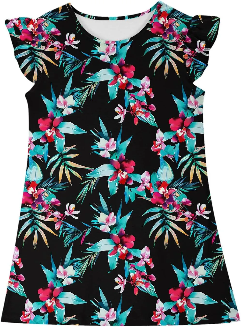 Easter Dresses for Girls Cute Hawaiian Ruffle Sleeve Crewneck Floral Mini Dress Casual Loose Girls Summer Dress