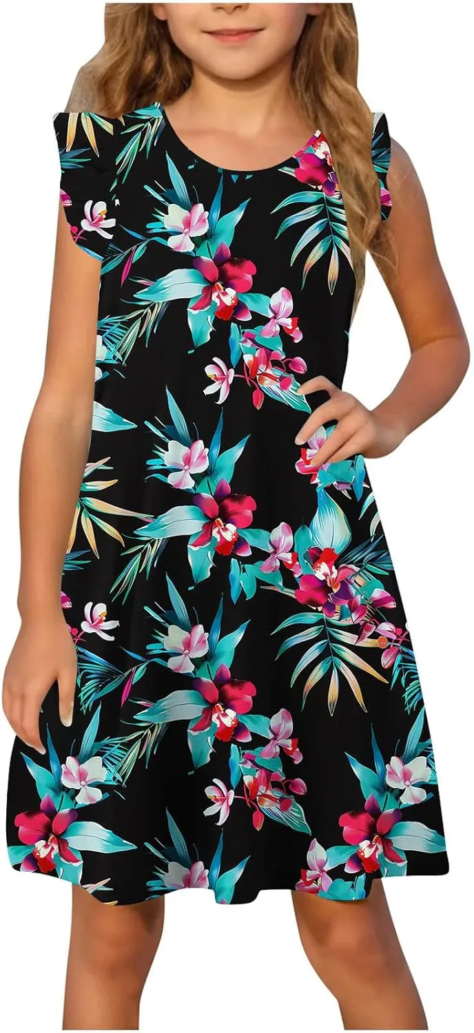 Easter Dresses for Girls Cute Hawaiian Ruffle Sleeve Crewneck Floral Mini Dress Casual Loose Girls Summer Dress