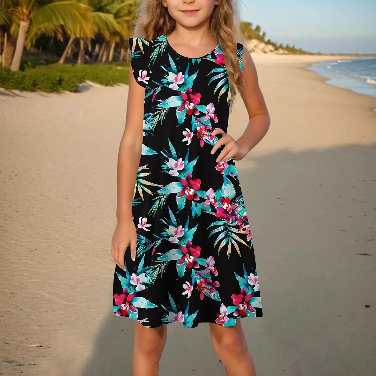 Easter Dresses for Girls Cute Hawaiian Ruffle Sleeve Crewneck Floral Mini Dress Casual Loose Girls Summer Dress