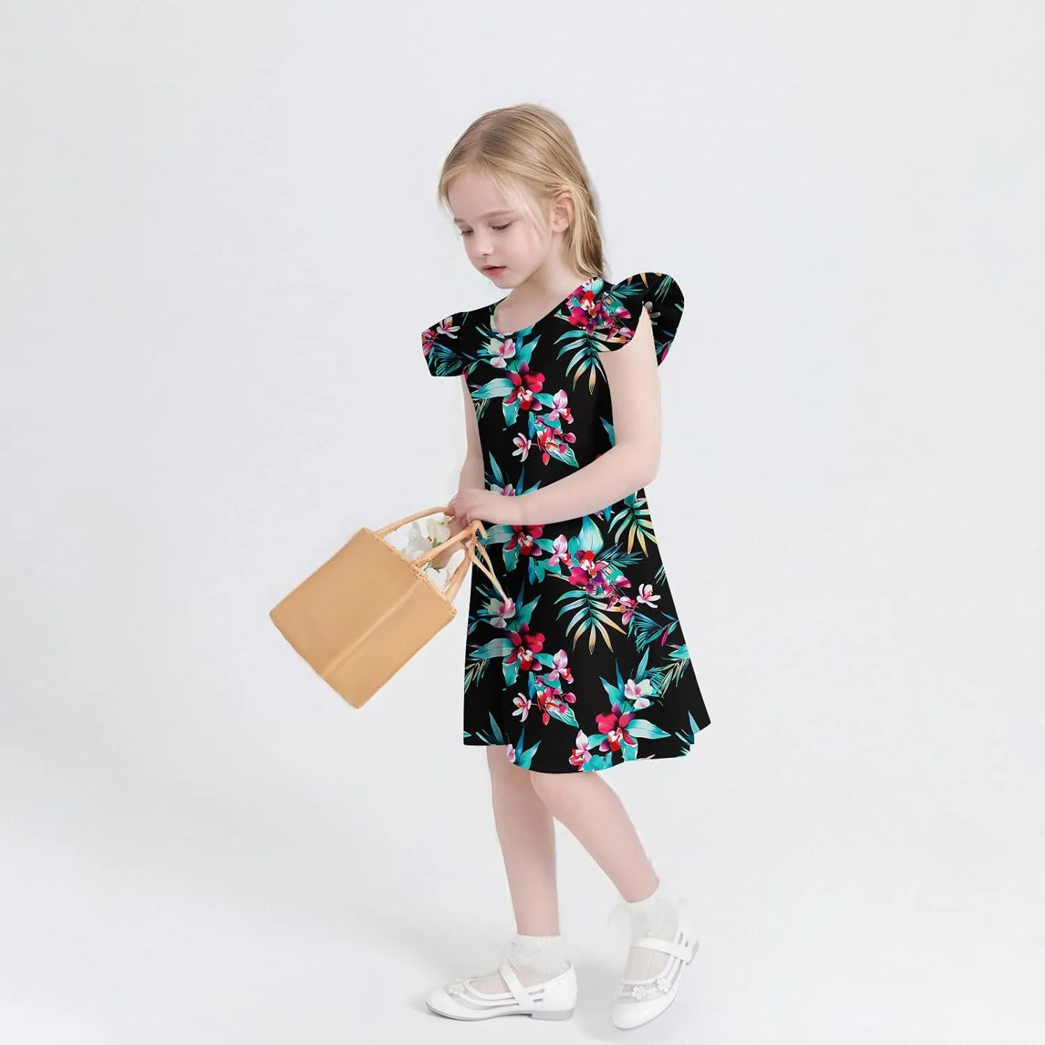 Easter Dresses for Girls Cute Hawaiian Ruffle Sleeve Crewneck Floral Mini Dress Casual Loose Girls Summer Dress