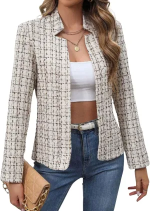 ebossy Women's Casual Slim Notched Plaid Tweed Blazer Elegant Open Front Long Sleeve Business Work Jacket Dress Coat