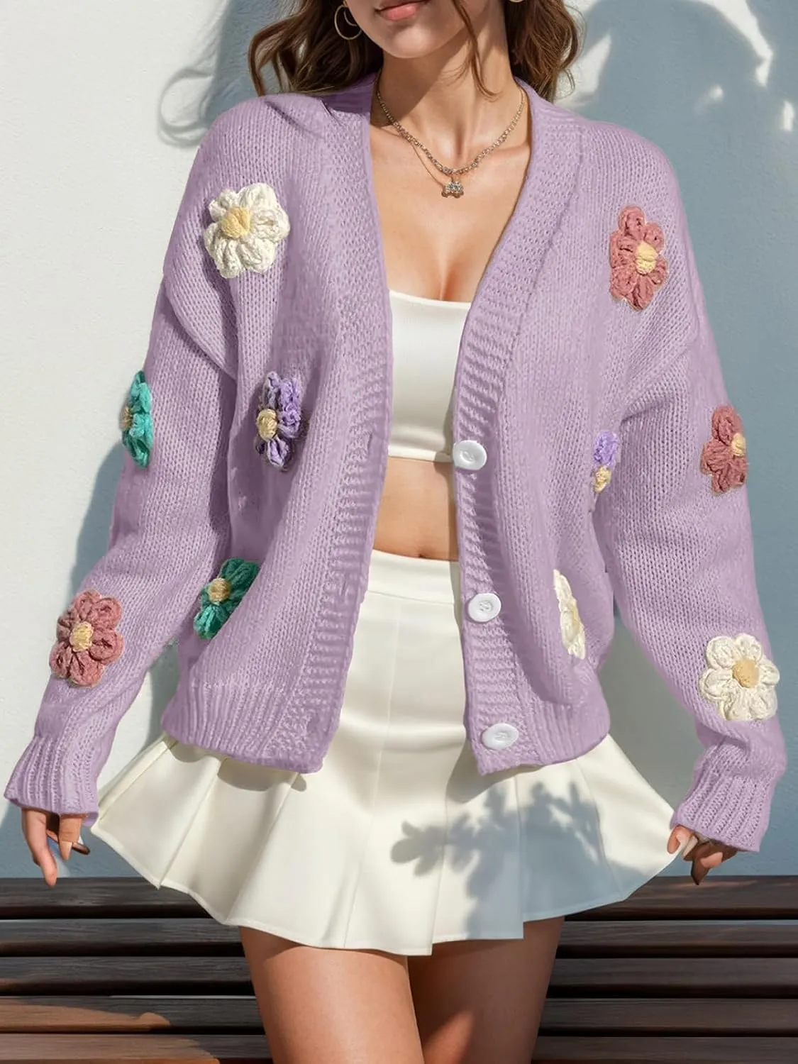 ebossy Women's Ribbed Knit Cardigans Embroidery Aesthetic Pretty Flowers Applique Button Up Sweater Coat