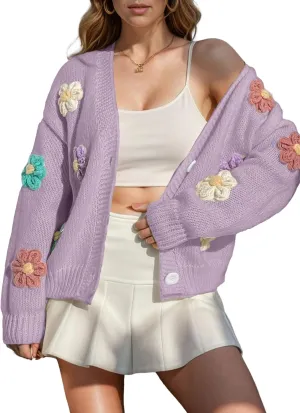 ebossy Women's Ribbed Knit Cardigans Embroidery Aesthetic Pretty Flowers Applique Button Up Sweater Coat