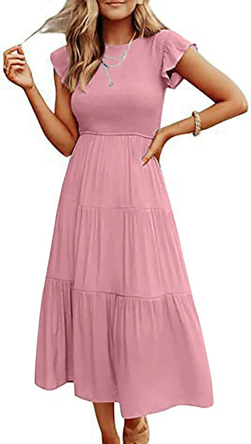 elegant dresses for women 2024 casual summer ruffle short sleeve Tiered ankle length dresses solid flowy midi dress