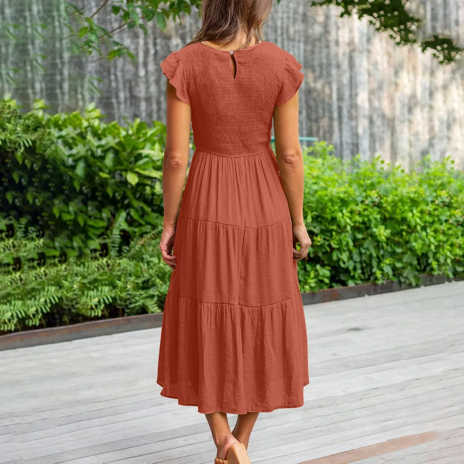 elegant dresses for women 2024 casual summer ruffle short sleeve Tiered ankle length dresses solid flowy midi dress