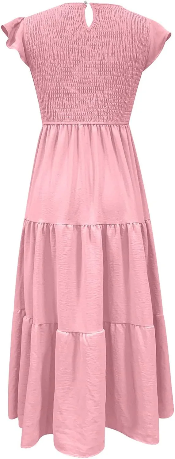 elegant dresses for women 2024 casual summer ruffle short sleeve Tiered ankle length dresses solid flowy midi dress