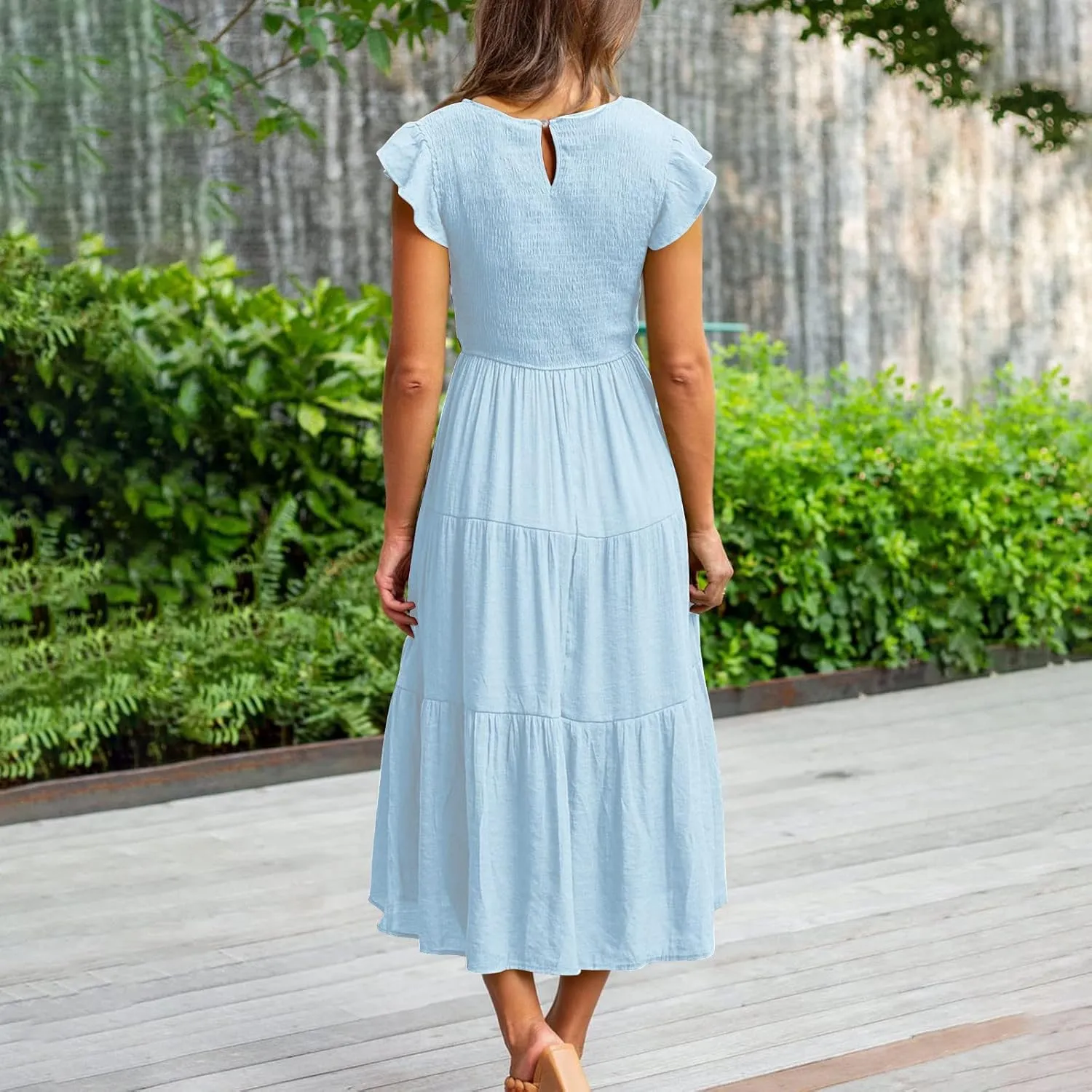 elegant dresses for women 2024 casual summer ruffle short sleeve Tiered ankle length dresses solid flowy midi dress