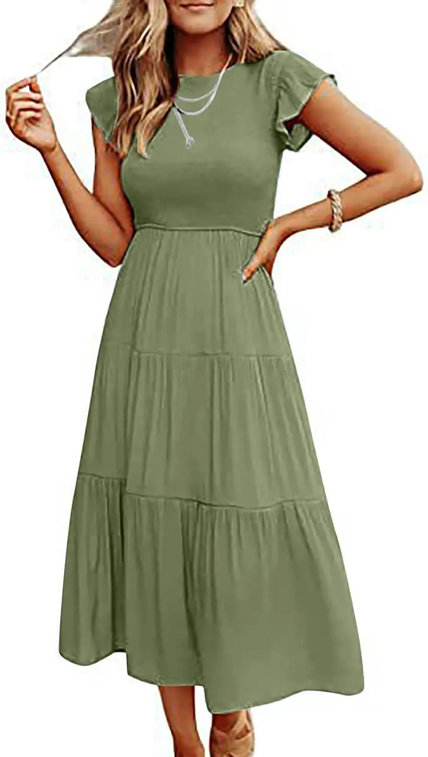 elegant dresses for women 2024 casual summer ruffle short sleeve Tiered ankle length dresses solid flowy midi dress
