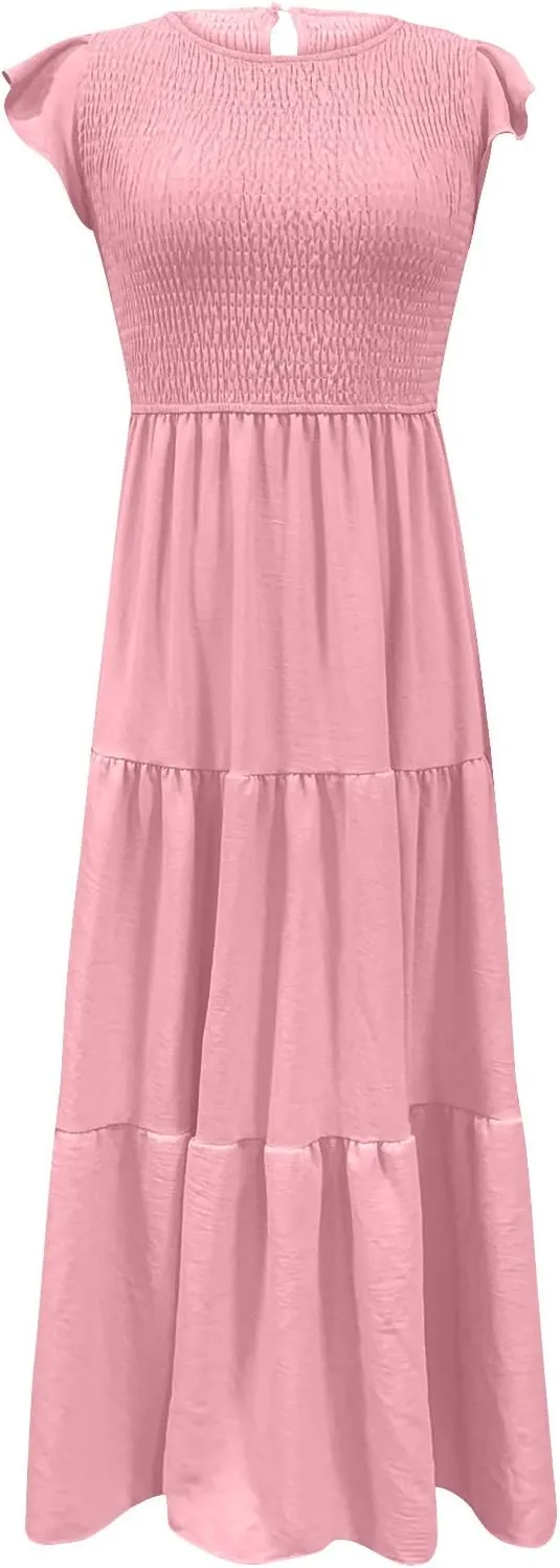 elegant dresses for women 2024 casual summer ruffle short sleeve Tiered ankle length dresses solid flowy midi dress