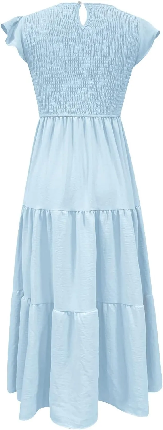 elegant dresses for women 2024 casual summer ruffle short sleeve Tiered ankle length dresses solid flowy midi dress
