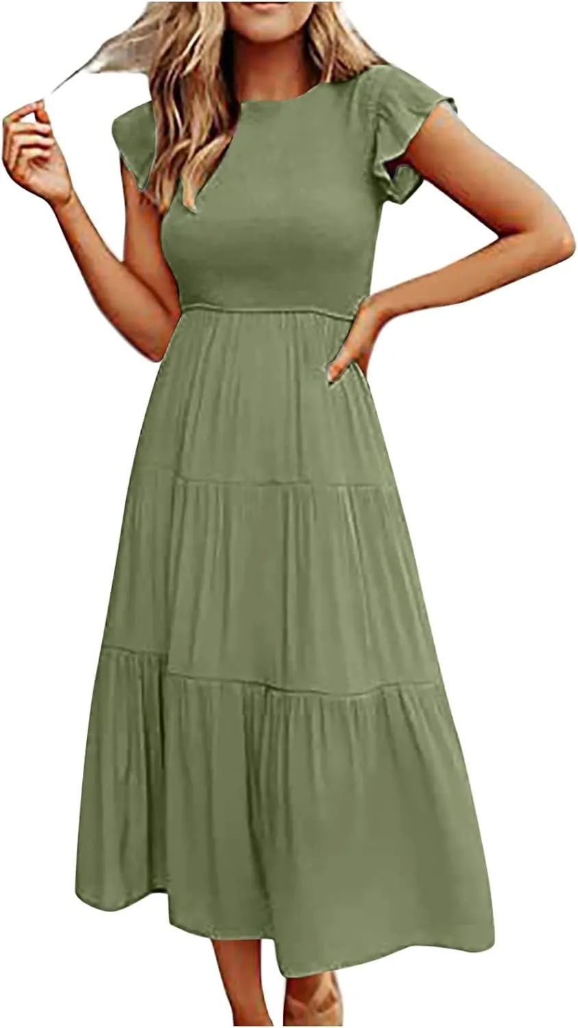 elegant dresses for women 2024 casual summer ruffle short sleeve Tiered ankle length dresses solid flowy midi dress
