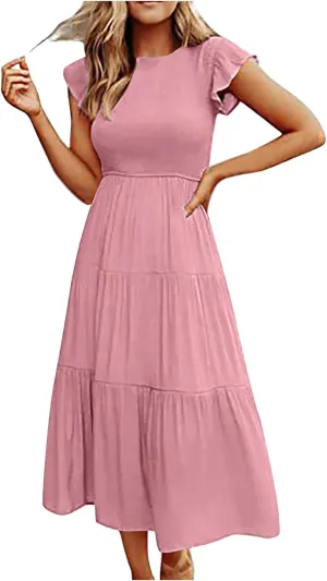 elegant dresses for women 2024 casual summer ruffle short sleeve Tiered ankle length dresses solid flowy midi dress
