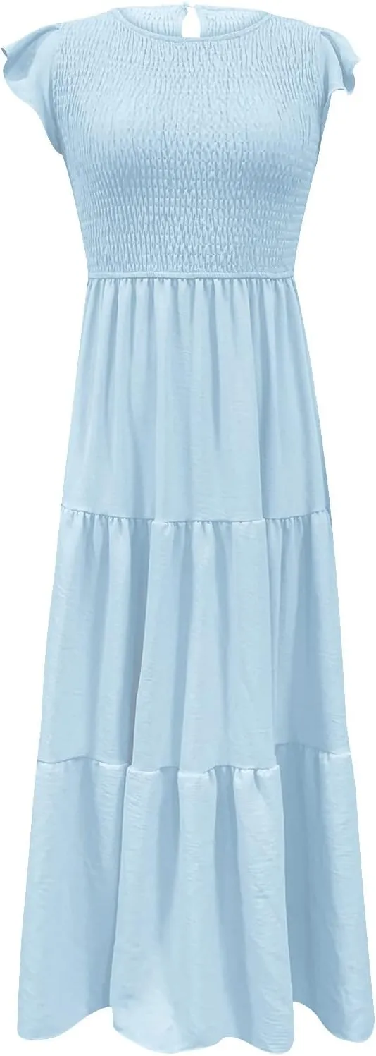 elegant dresses for women 2024 casual summer ruffle short sleeve Tiered ankle length dresses solid flowy midi dress