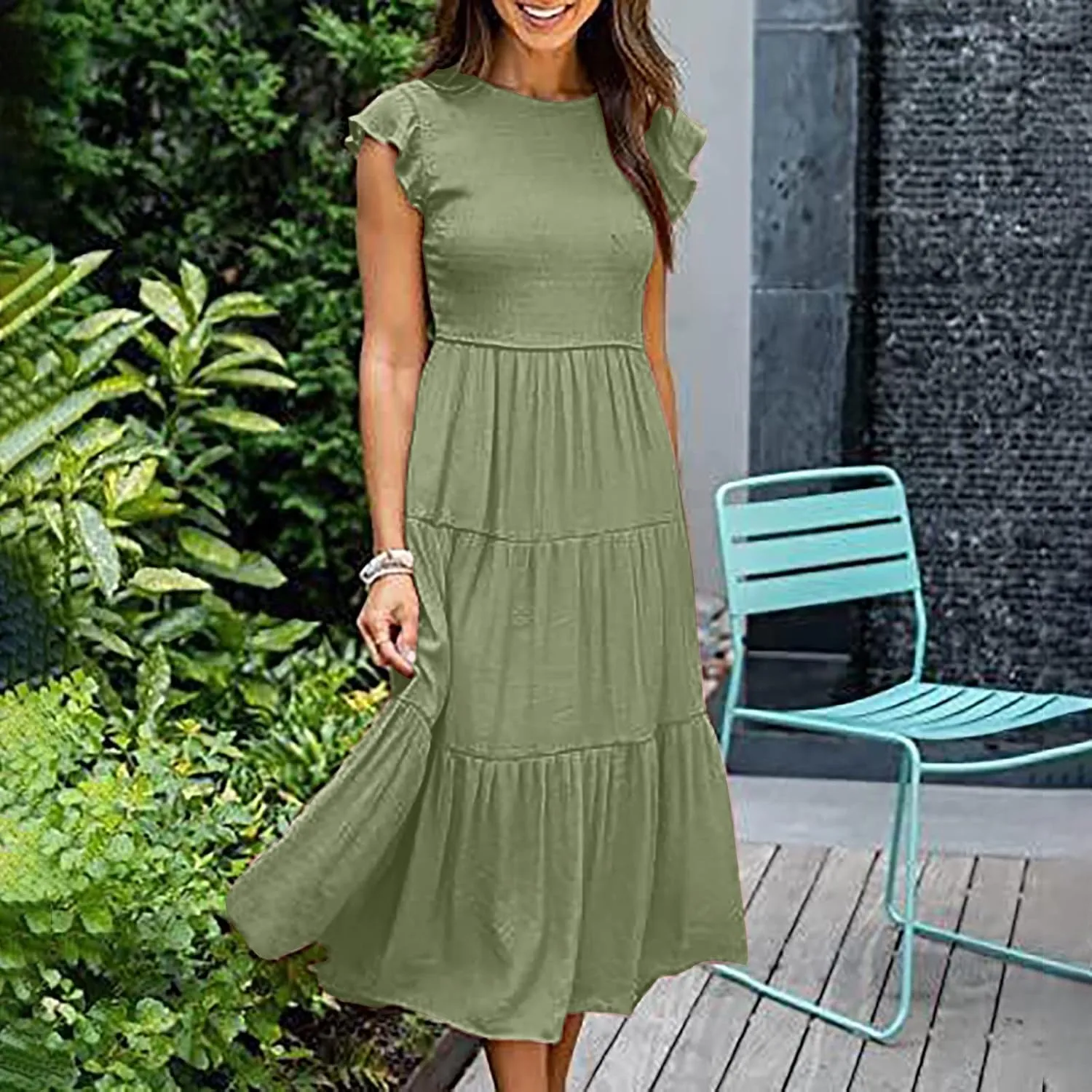 elegant dresses for women 2024 casual summer ruffle short sleeve Tiered ankle length dresses solid flowy midi dress